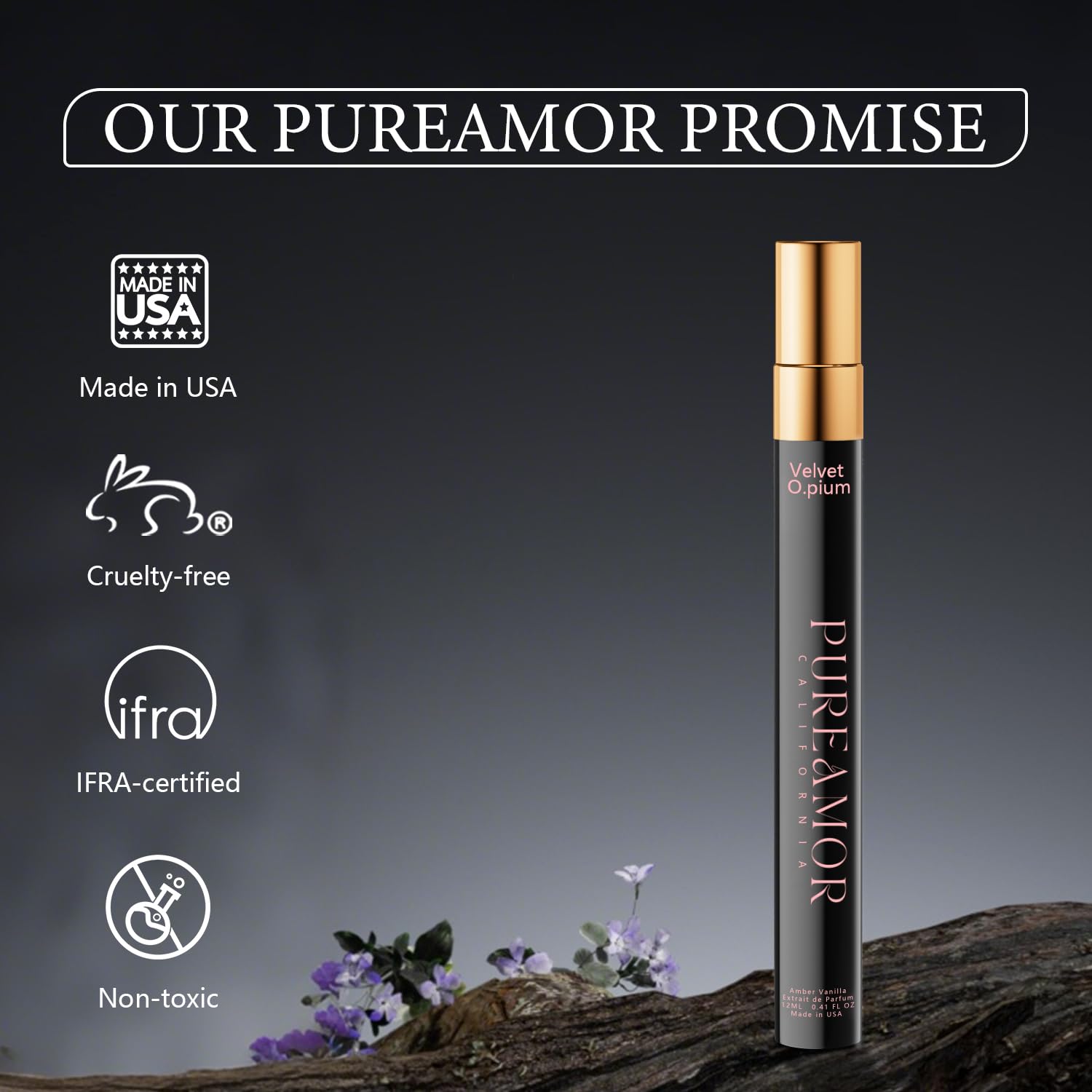 PUREAMOR oil texture on fingertip highlighting concentrated extrait richness