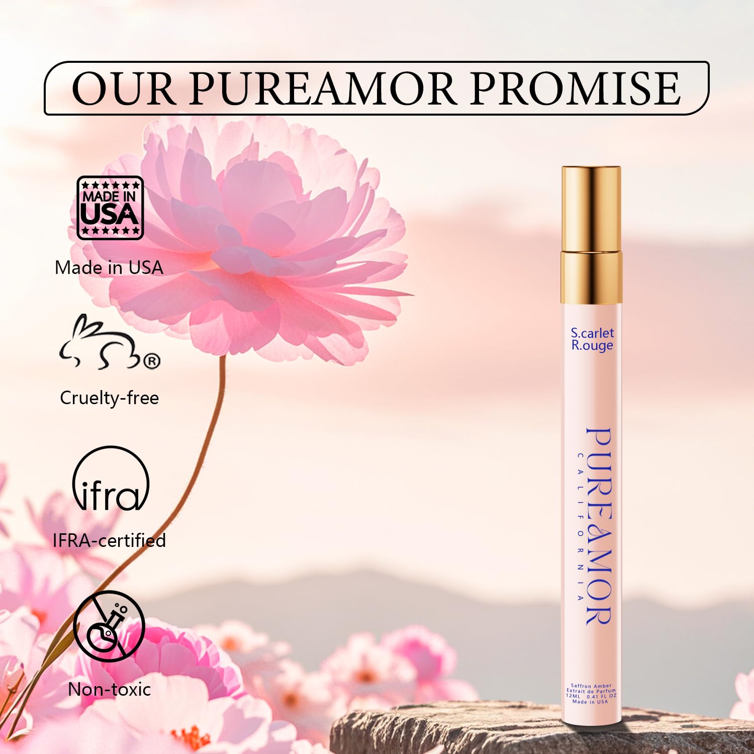 PUREAMOR bottle in purse scale demonstrating portable travel size and easy touch-ups