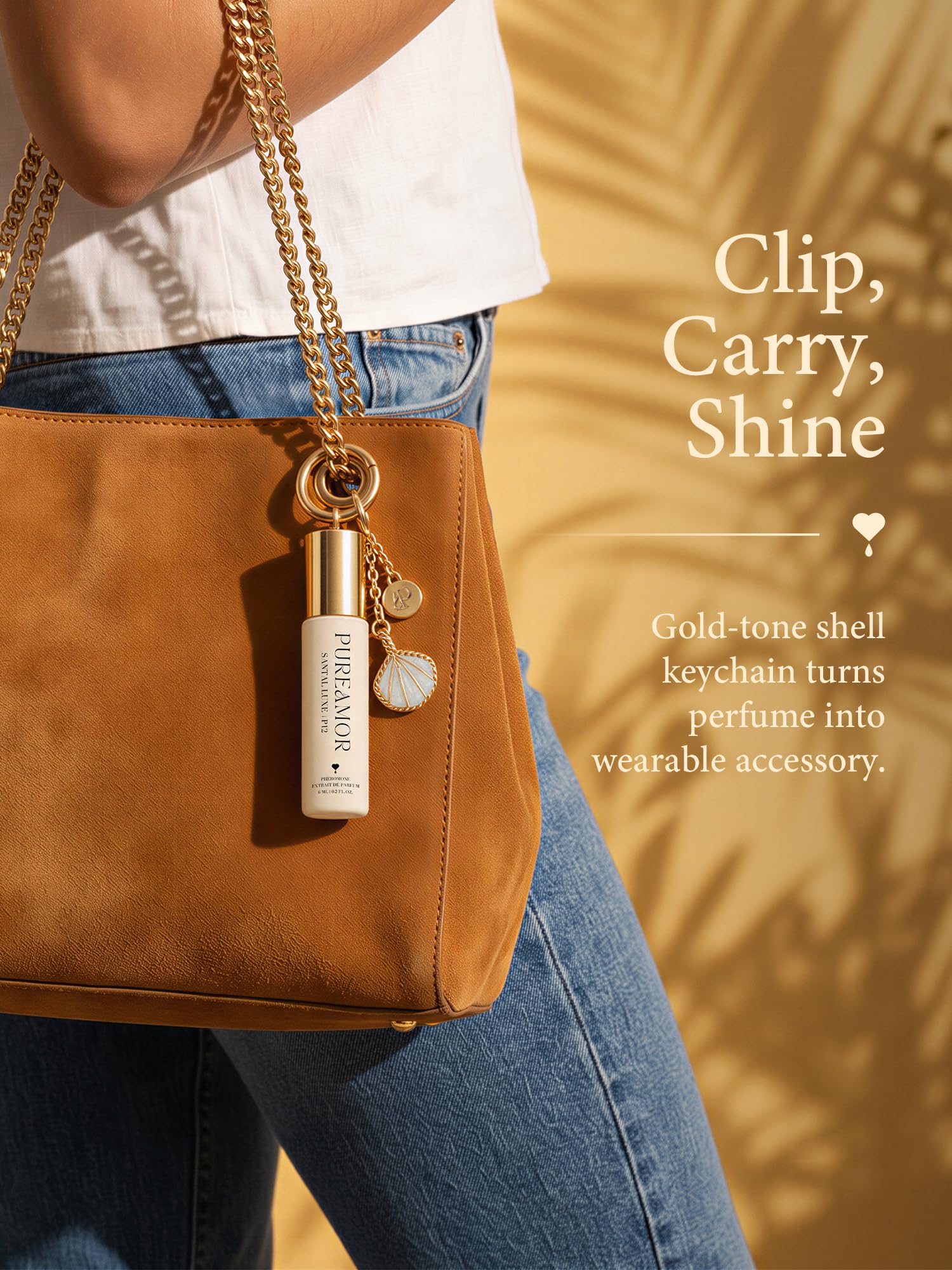 PUREAMOR bottles inside a purse illustrating travel-ready size and convenient touchup benefit