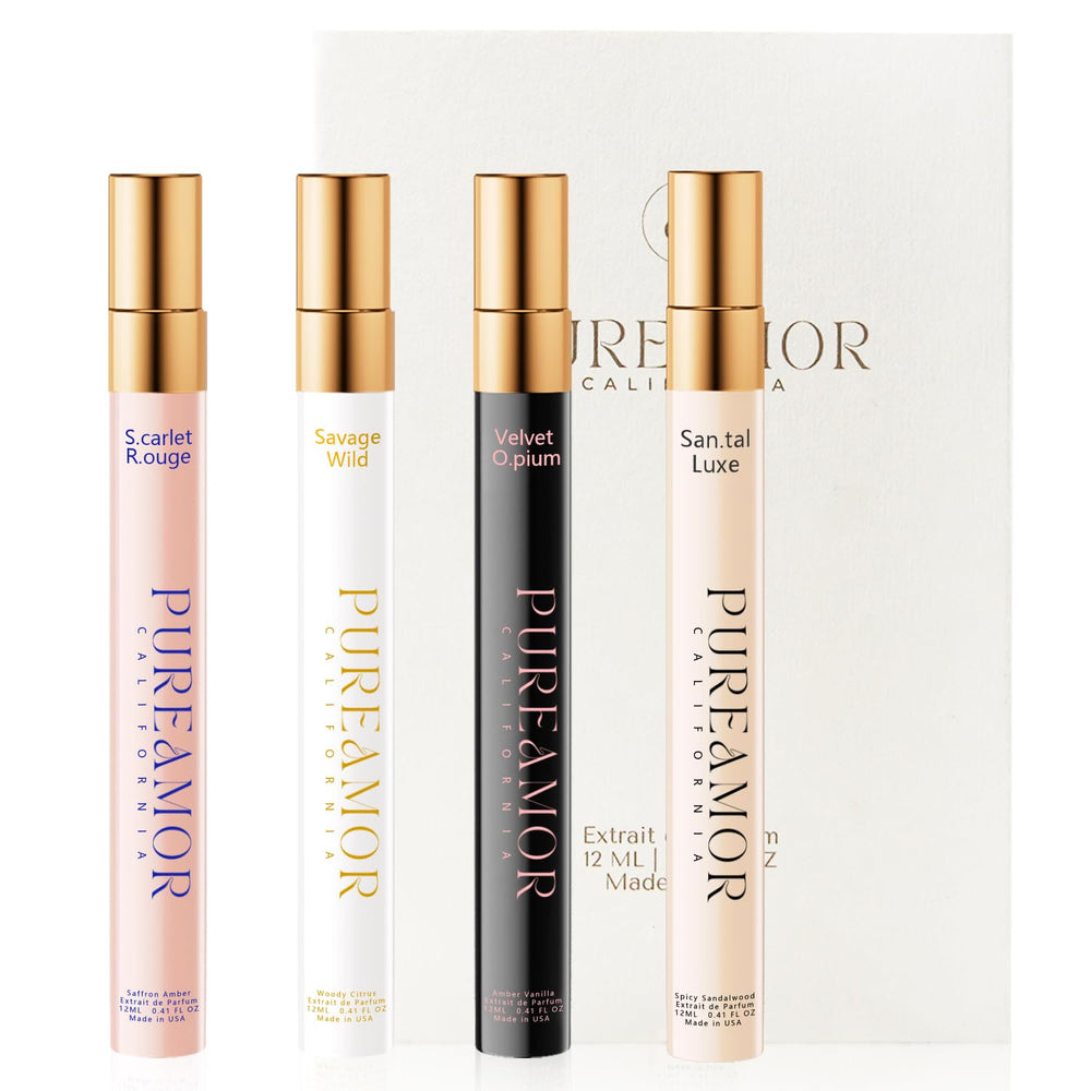 PUREAMOR front-facing perfume set showing all four travel bottles and packaging, versatile gifting benefit