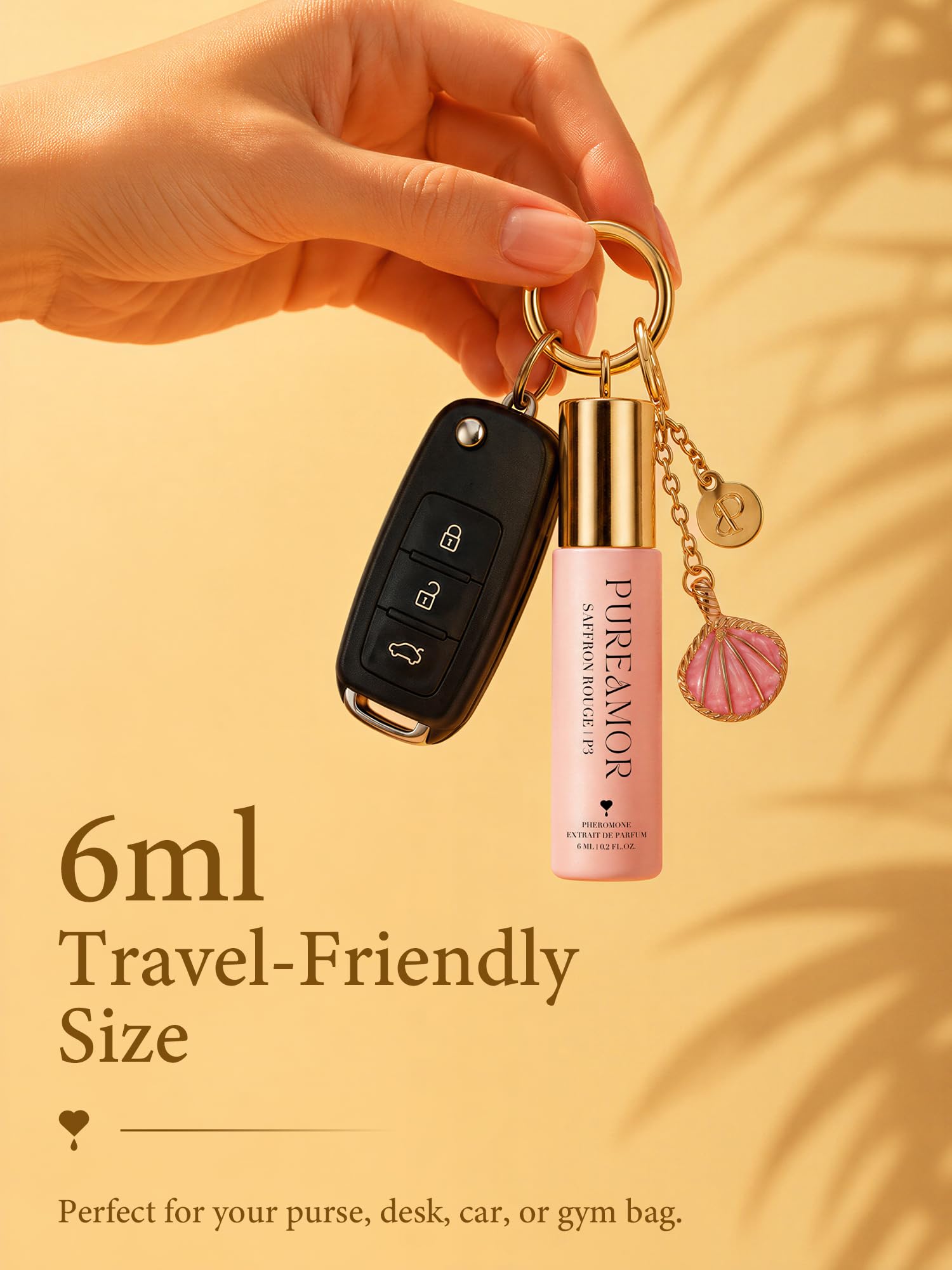 PUREAMOR bottle in hand demonstrating TSA-ready convenience on the go