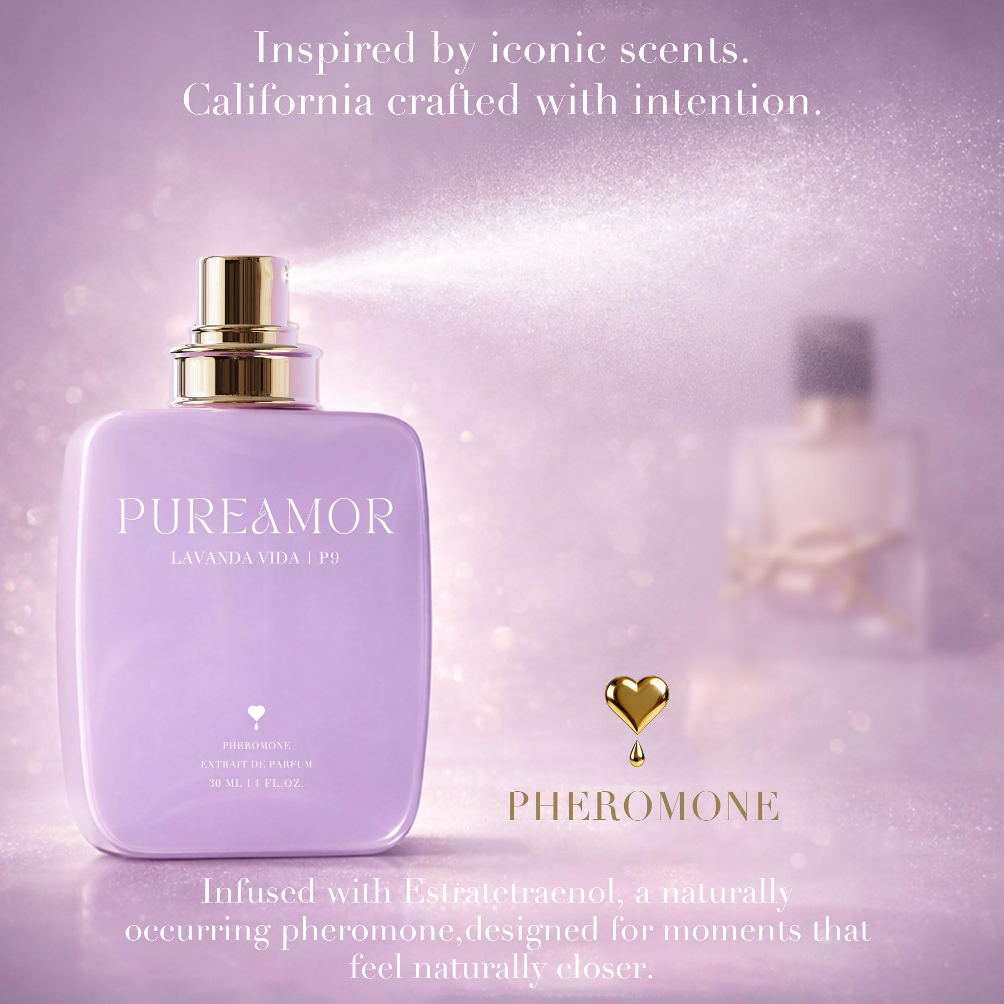 PUREAMOR label close-up highlighting Lavanda Vida ingredients and high concentration