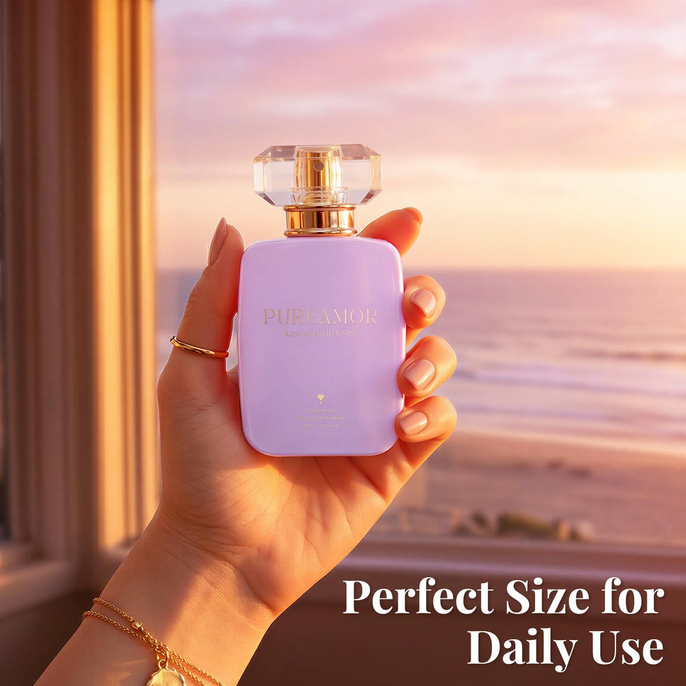 PUREAMOR fragrance notes flatlay of lavender, mandarin, jasmine and vanilla
