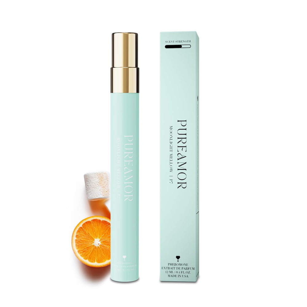 PUREAMOR front bottle showing elegant travel-size design and lasting convenience