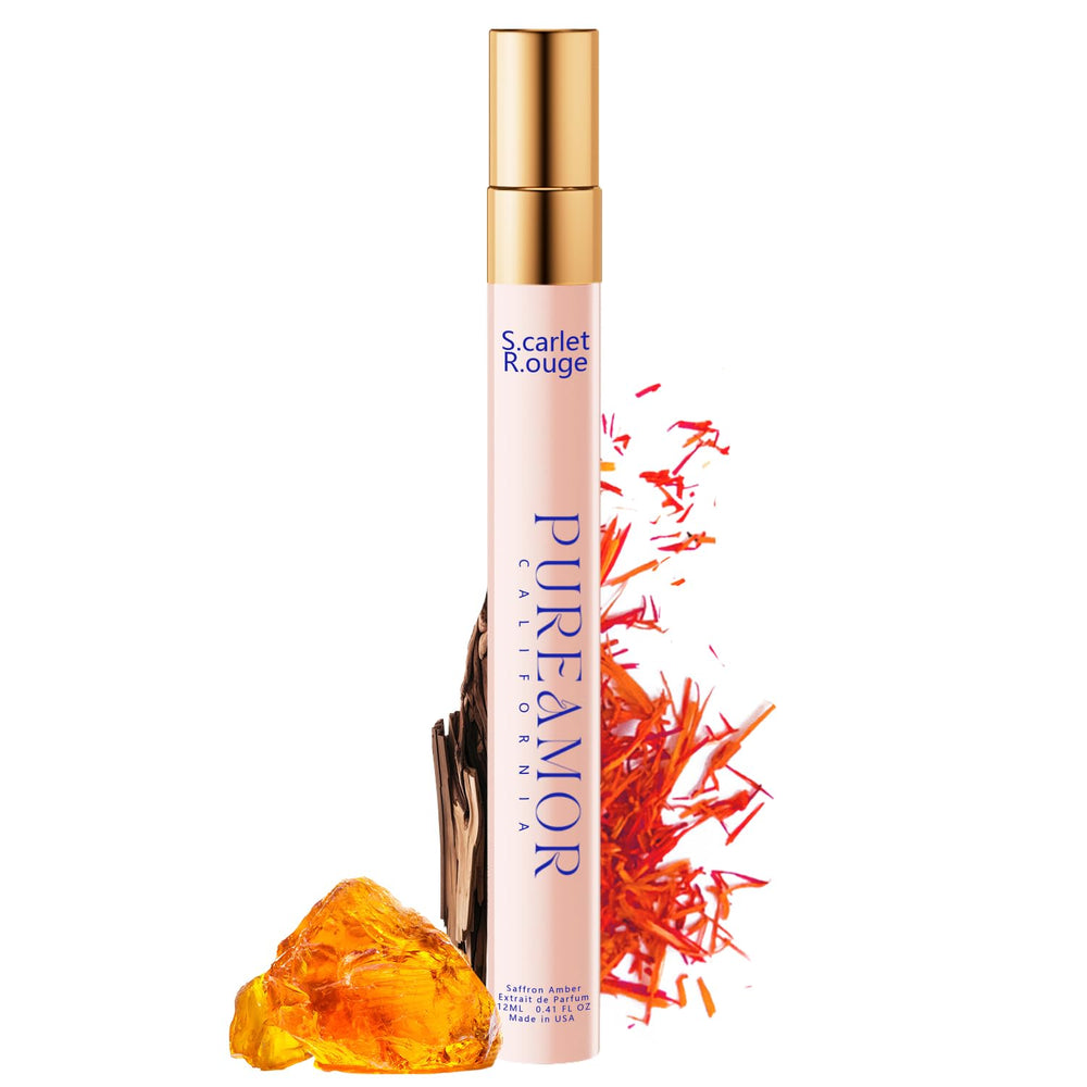PUREAMOR saffron amber front bottle showing elegant compact design and travel convenience