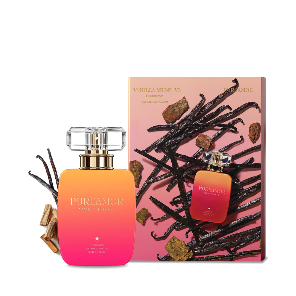 PUREAMOR front bottle view showing elegant square design and label, looks gift-ready