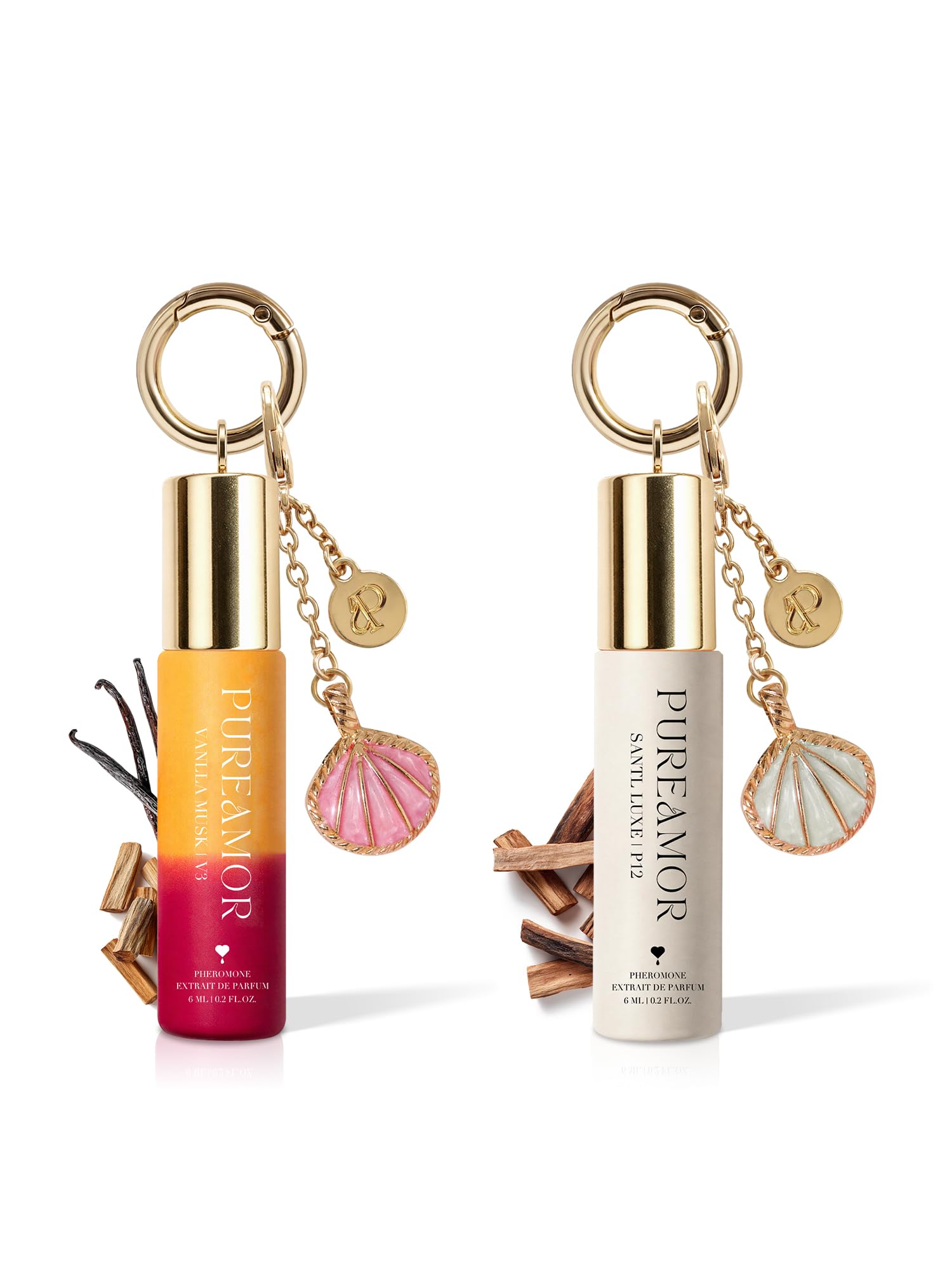 PUREAMOR Vanilla Musk bottle front showing elegant label and keychain, easy carrying benefit