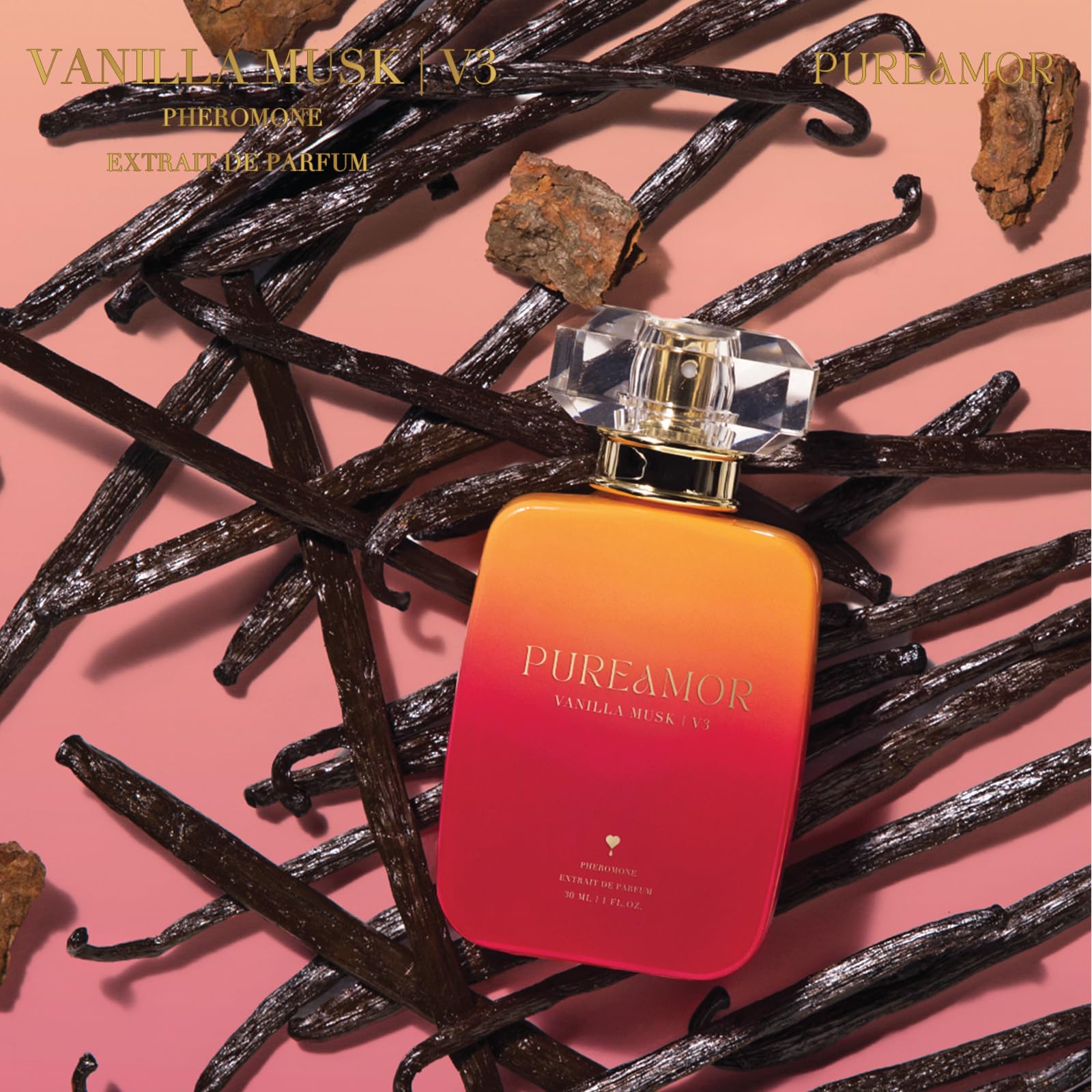 PUREAMOR perfume held in hand illustrating spray control and confident application