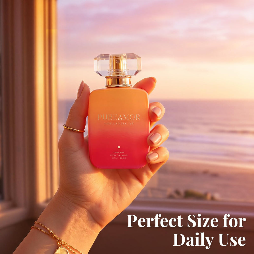 PUREAMOR bottle beside a coin showing 30ml size and portable everyday carry benefit