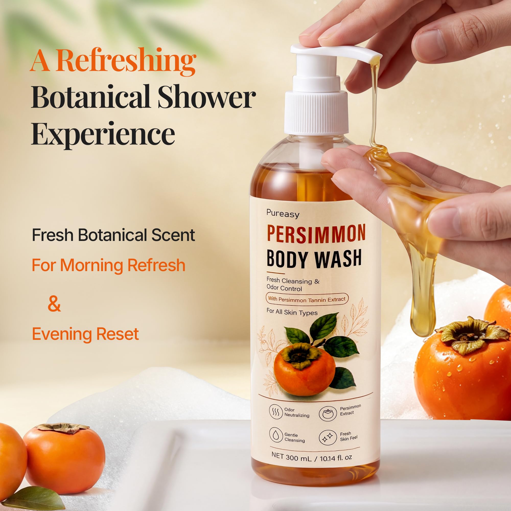 Pureasy arranged botanicals with persimmon and oils showing natural formulation benefit