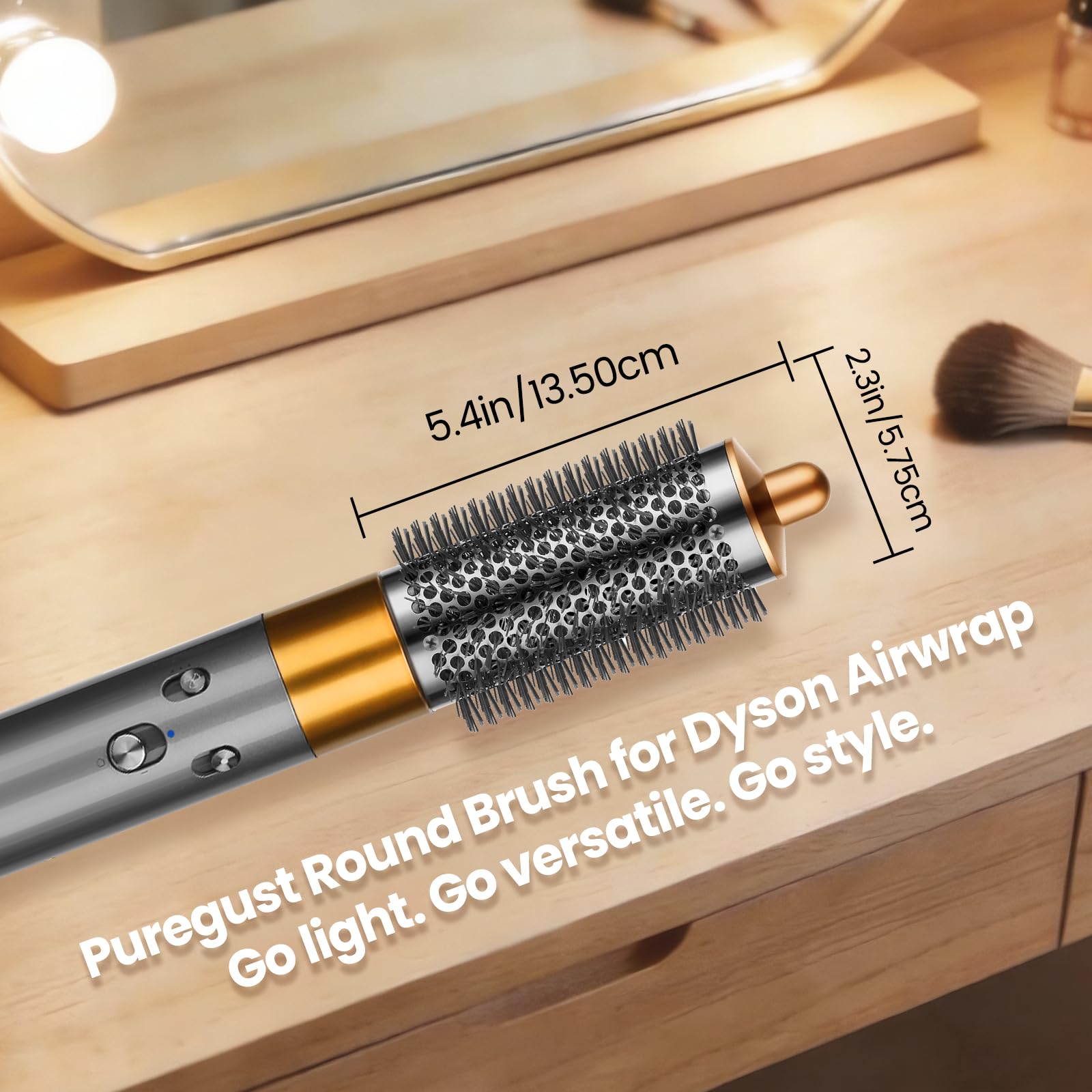 PUREGUST brush staged on bathroom vanity to suggest everyday styling convenience