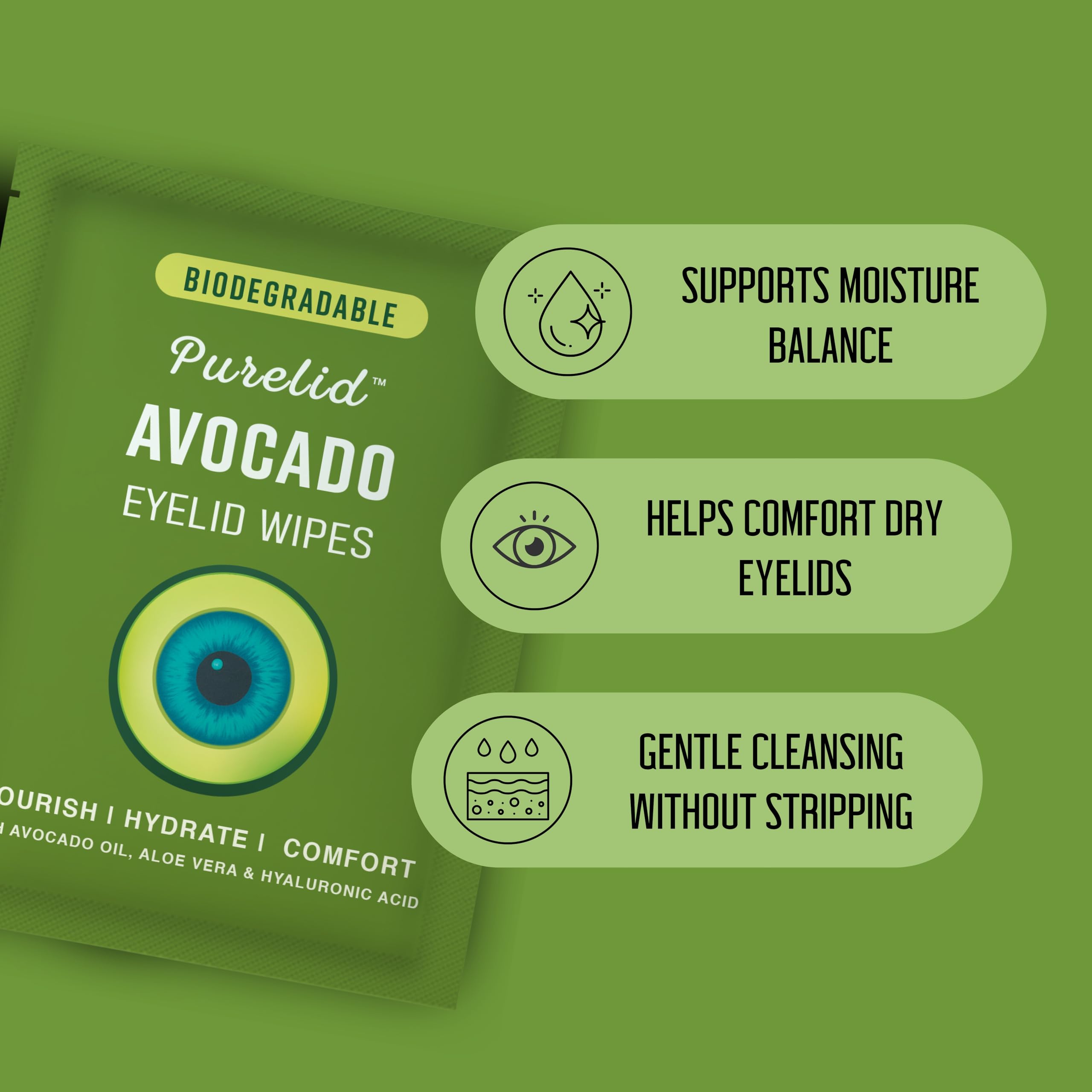PURELID wipe in use gently cleansing closed eyelid and lash line