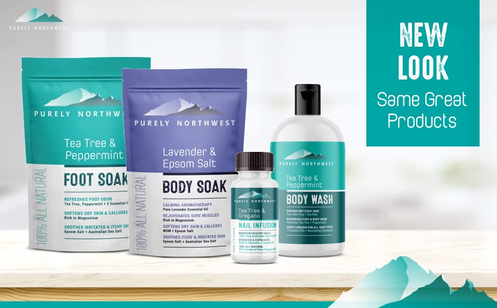 Purely Northwest arranged with other bath items suggesting at-home spa benefit