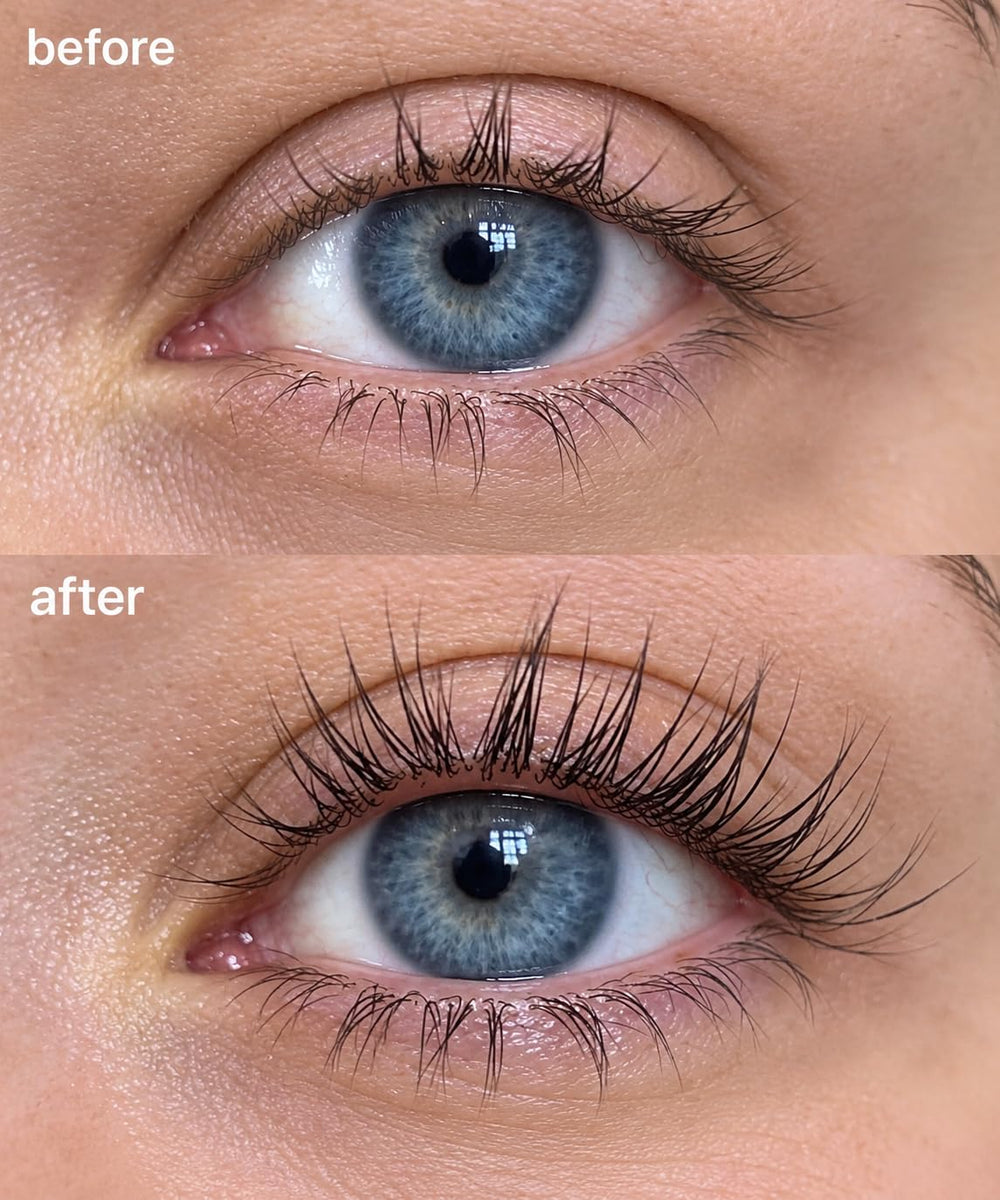 Purely Radiant Beauty before and after comparison showing fuller-looking lashes benefit
