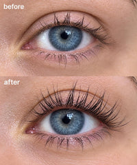 Purely Radiant Beauty before and after comparison showing fuller-looking lashes benefit