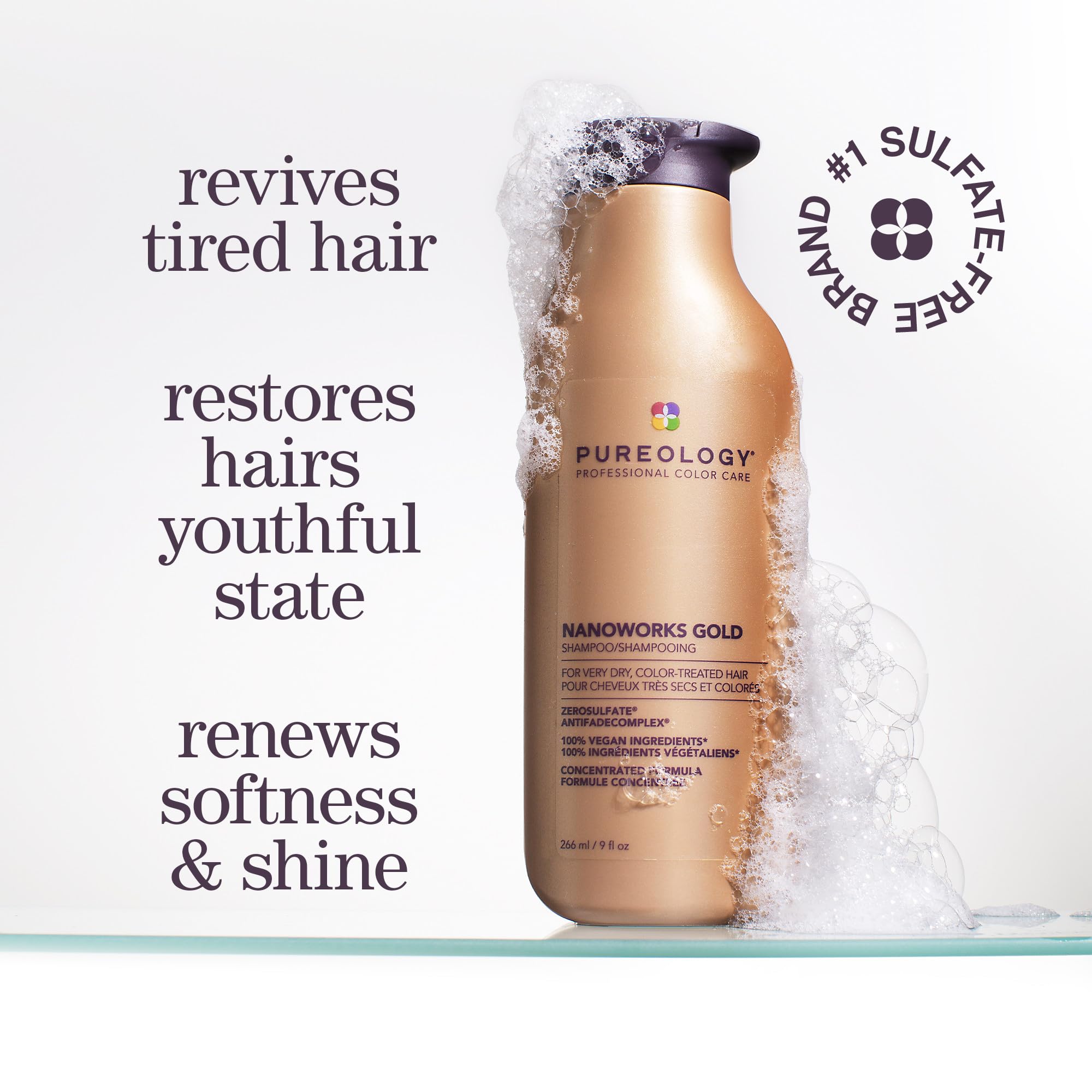 Pureology Nanoworks Gold pump close-up ready for easy dispensing and economical use