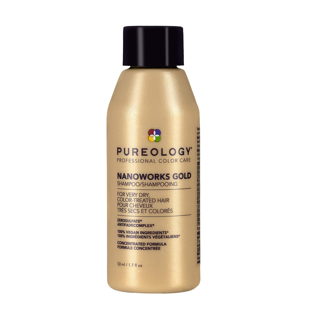 Pureology bottle front view showing Nanoworks Gold Shampoo for soft hair