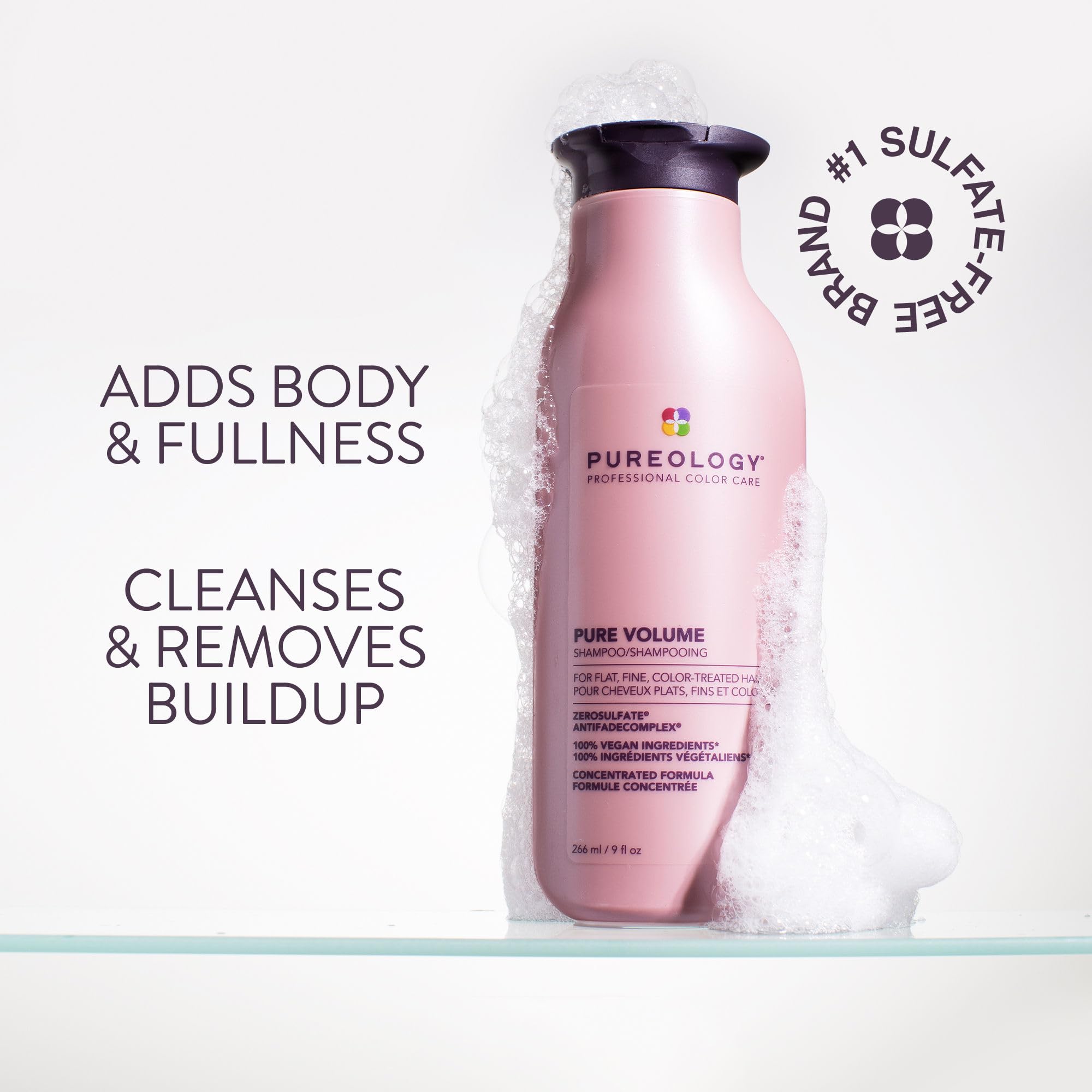 Pureology back label and ingredients list highlighting vegan, sulfate-free benefits