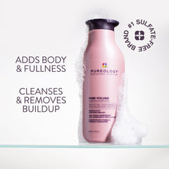 Pureology pure volume shampoo back label close-up lists ingredients and benefits
