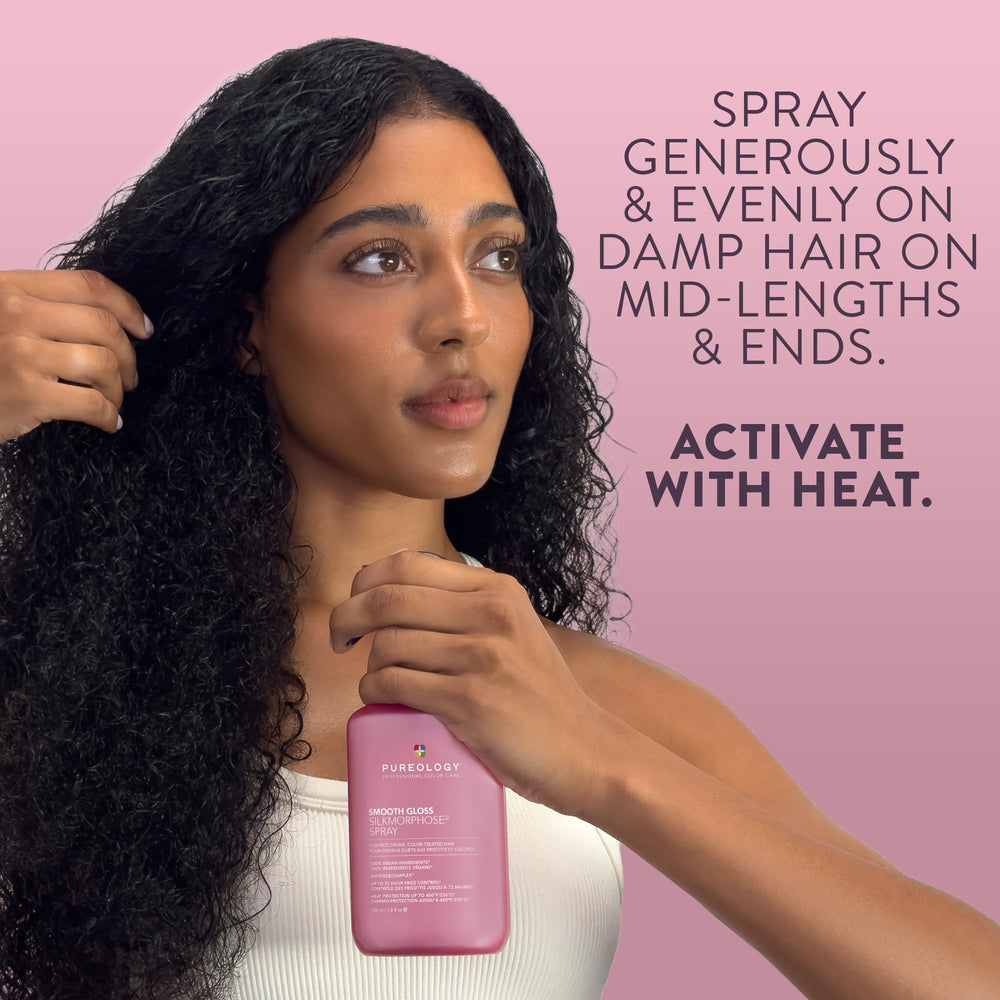 Pureology bottle beside heated styling tools illustrating 450°F heat protection