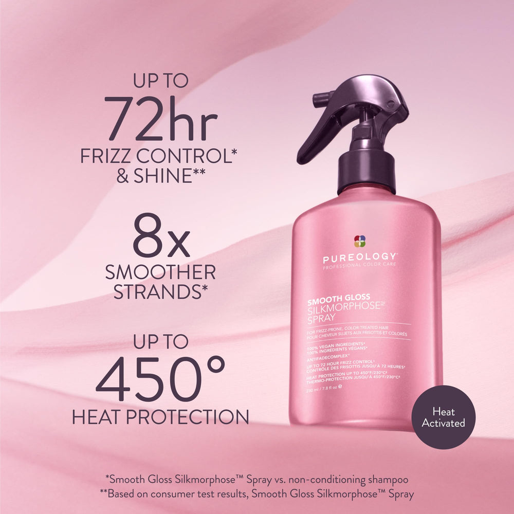 Pureology being sprayed on damp hair for frizz control before heat styling