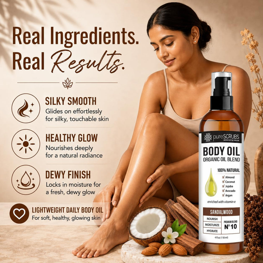 pureSCRUBS oil pouring to show silky texture and fast absorption benefit