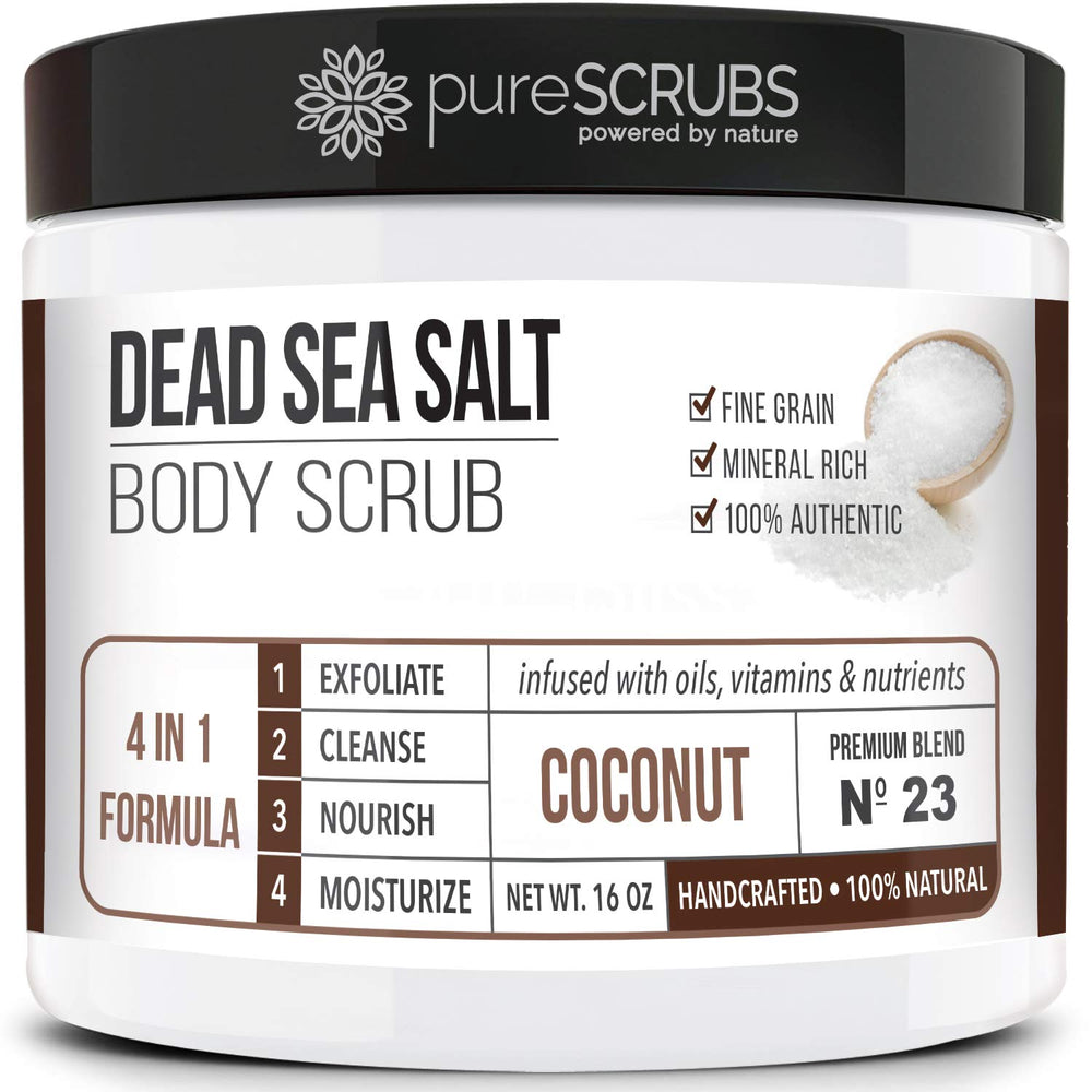 pureSCRUBS jar front view showing label and coconut scent benefit