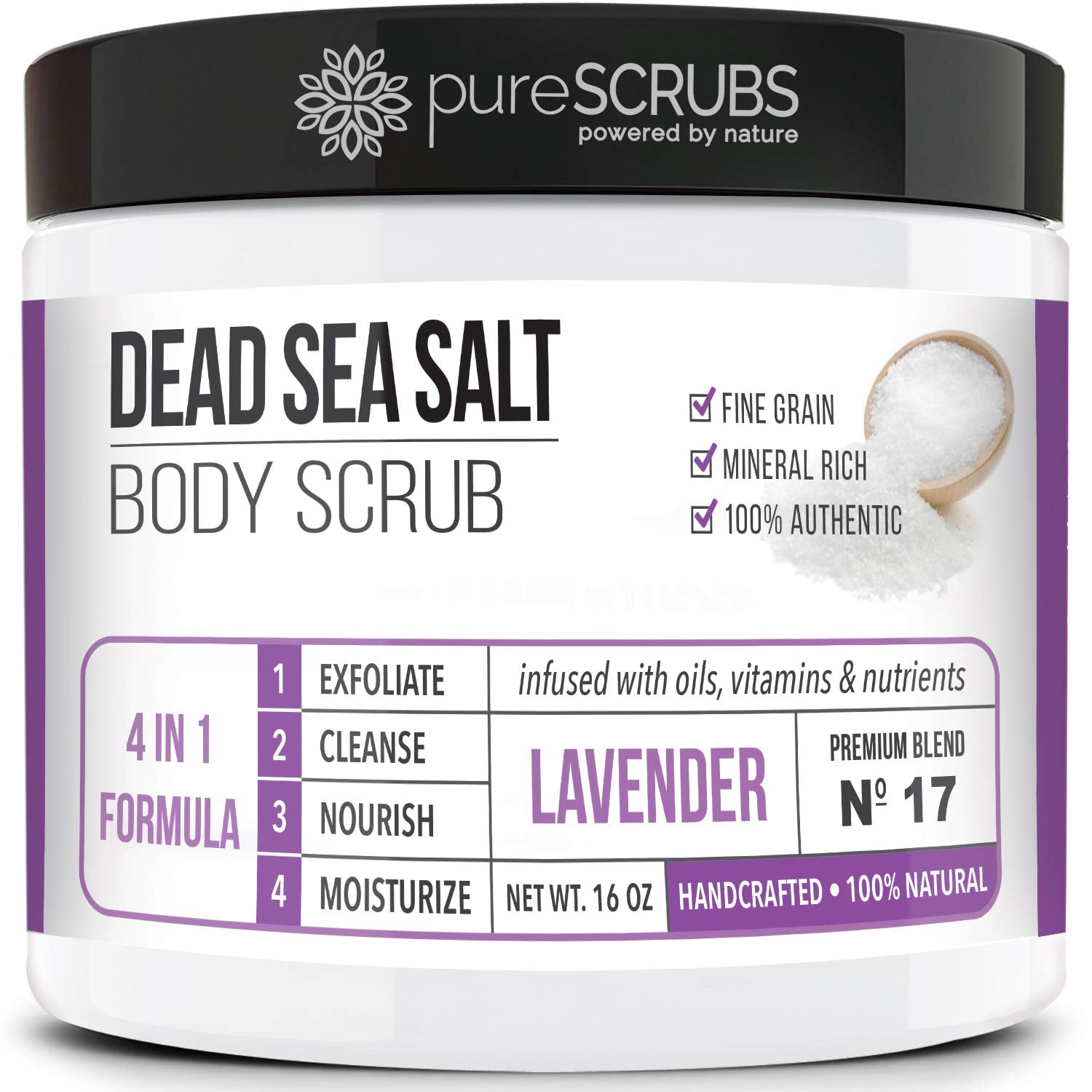 pureSCRUBS front jar showing lavender label and smooth skin benefits