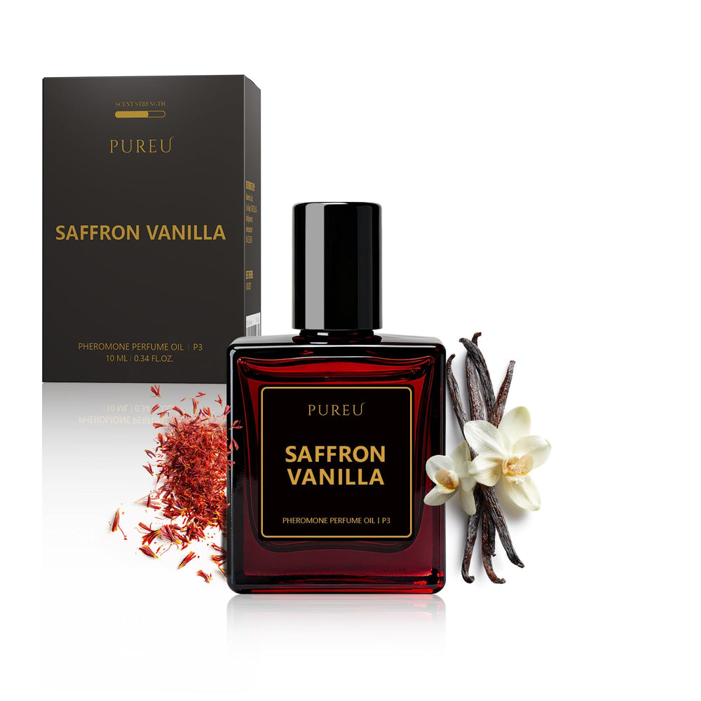 PUREU front bottle showing saffron vanilla perfume, elegant travel-friendly packaging