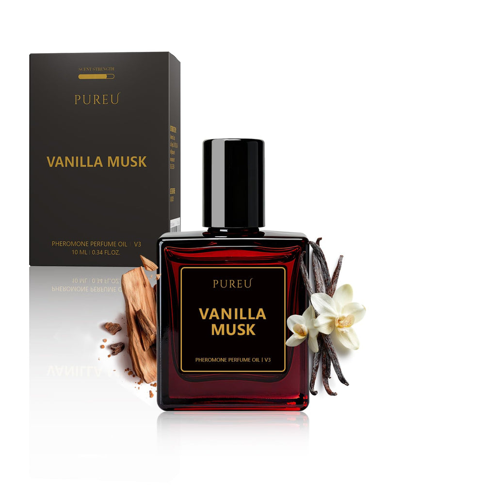 PUREU front packaging showing compact 10ml bottle and vanilla musk scent benefit