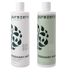 Purezero front packaging showing shampoo and conditioner, clean vegan benefits