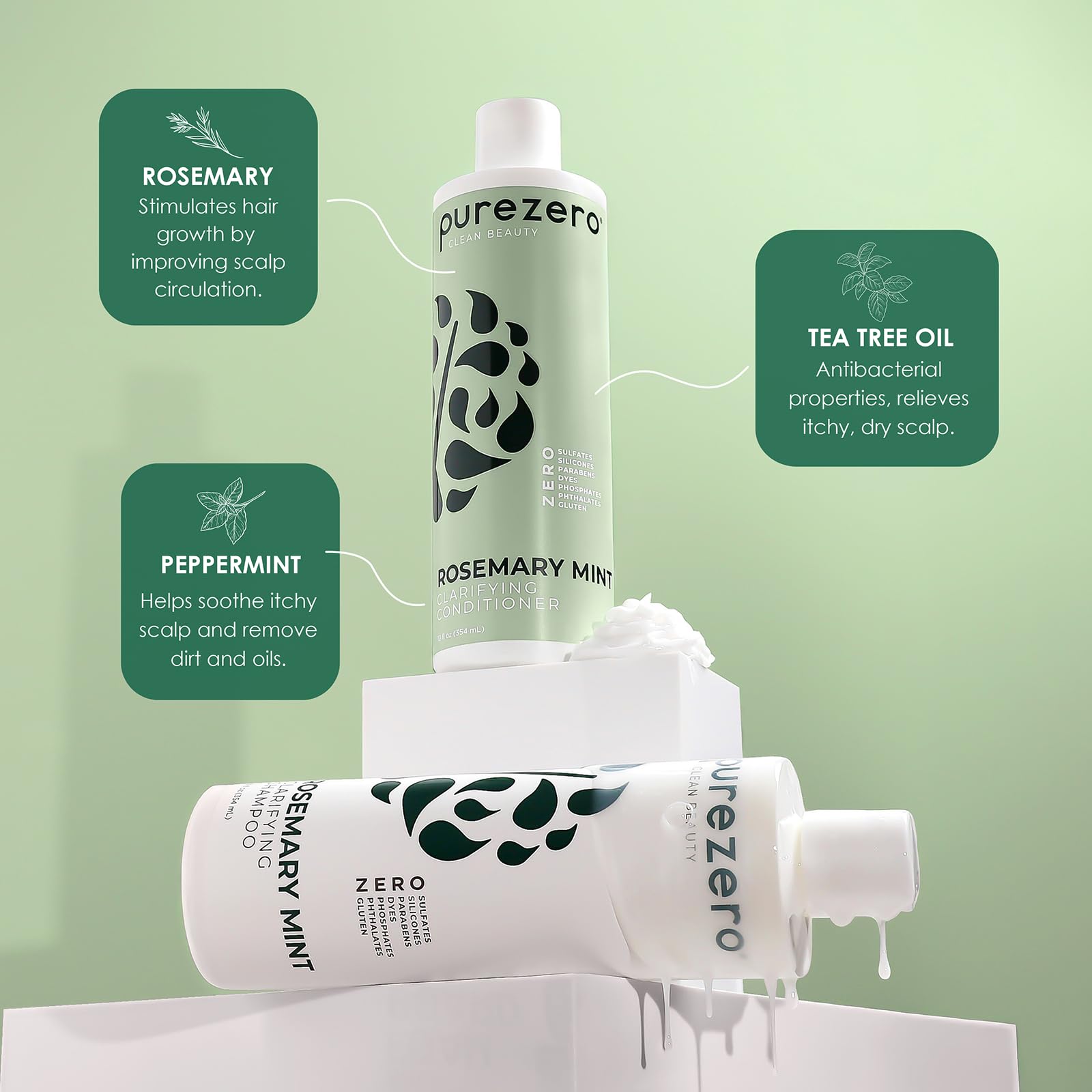 Purezero duo being used in shower, invigorating minty cleanse for scalp