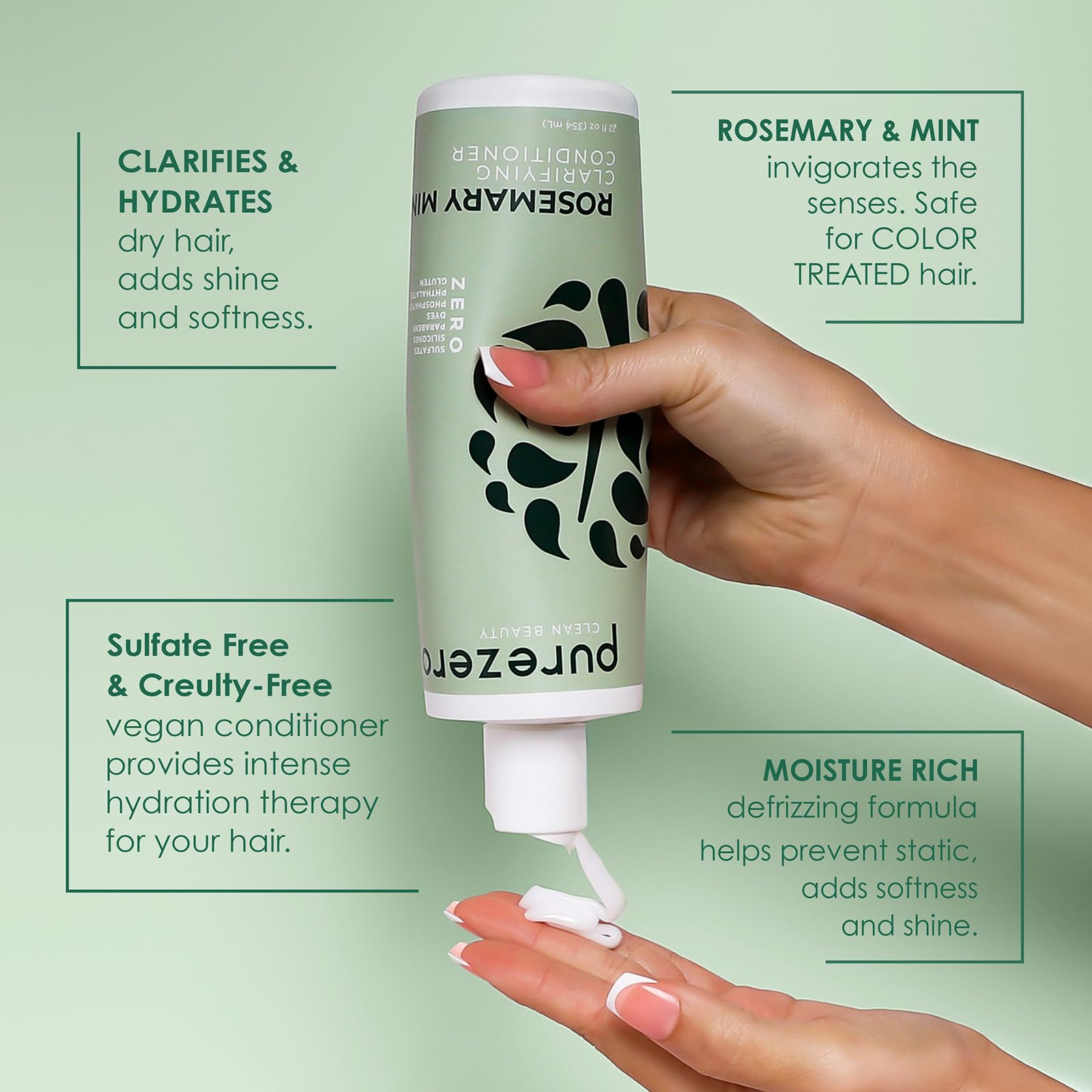 Purezero bottles held in hand for scale, two 12 oz sizes visible