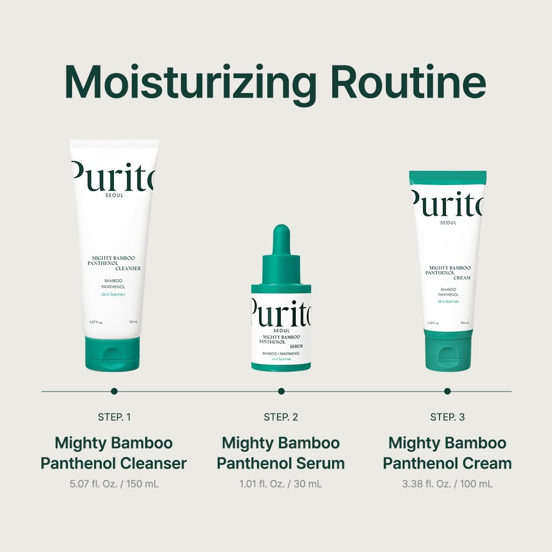 PURITO serum applied on cheek in morning routine for soothing hydration