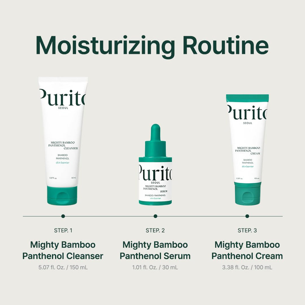 PURITO serum applied on cheek in morning routine for soothing hydration