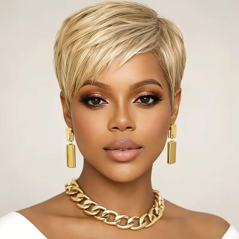 PurpleSexy front view pixie wig showing natural 27# blonde look and confidence