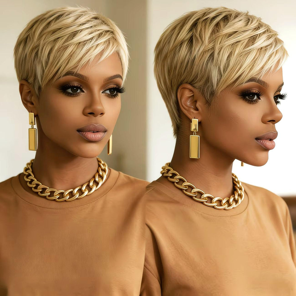 PurpleSexy woman wearing pixie wig demonstrating quick, glueless convenience