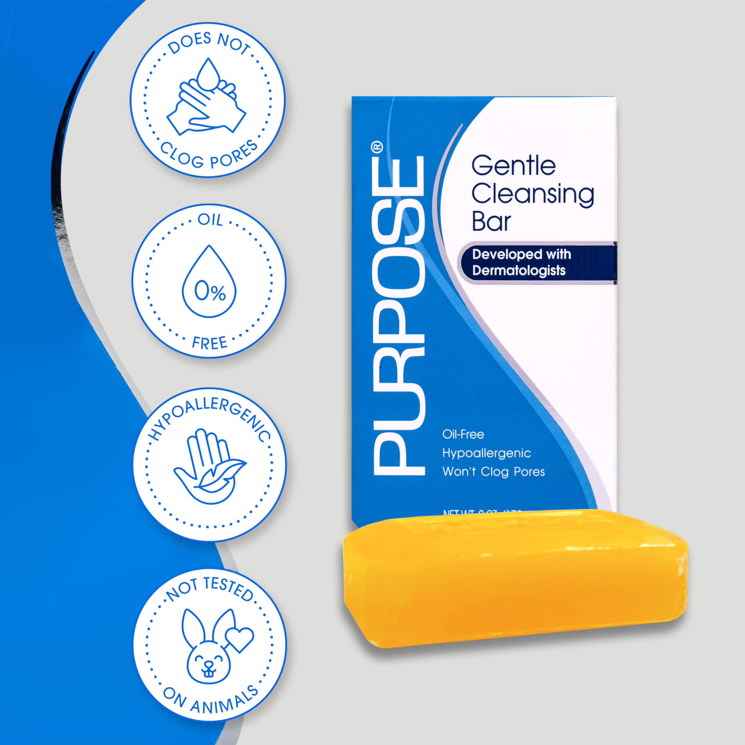 Purpose cleansing bar label and ingredients view assuring dermatologist-developed formula