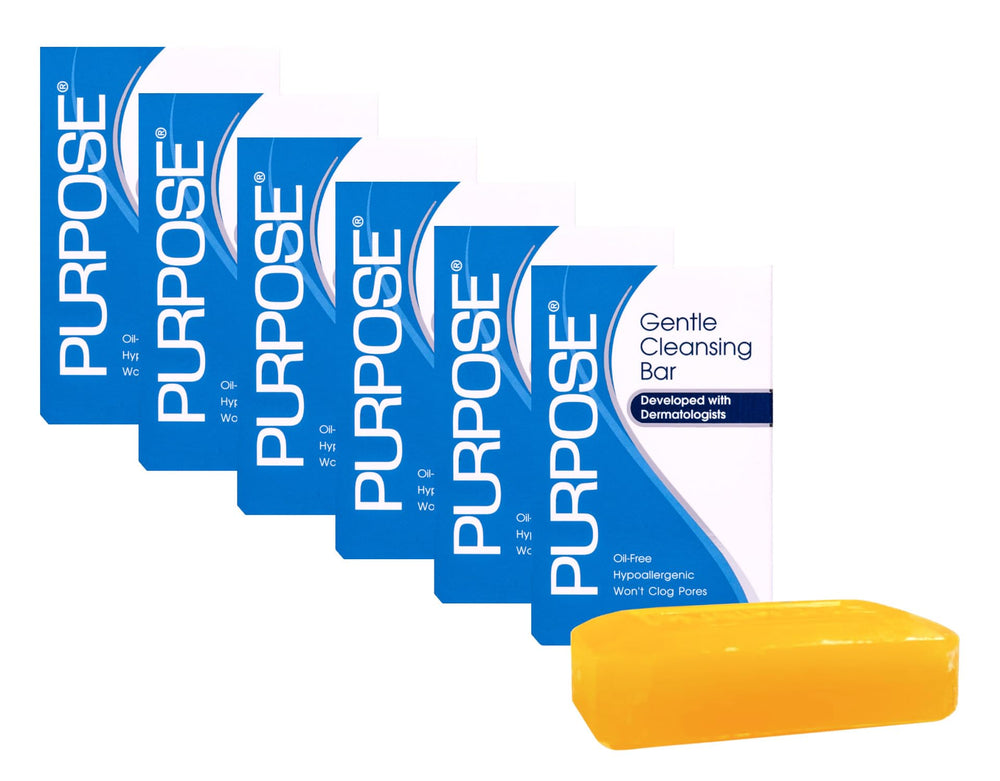 PURPOSE front packaging showing gentle cleansing bar and hypoallergenic benefit