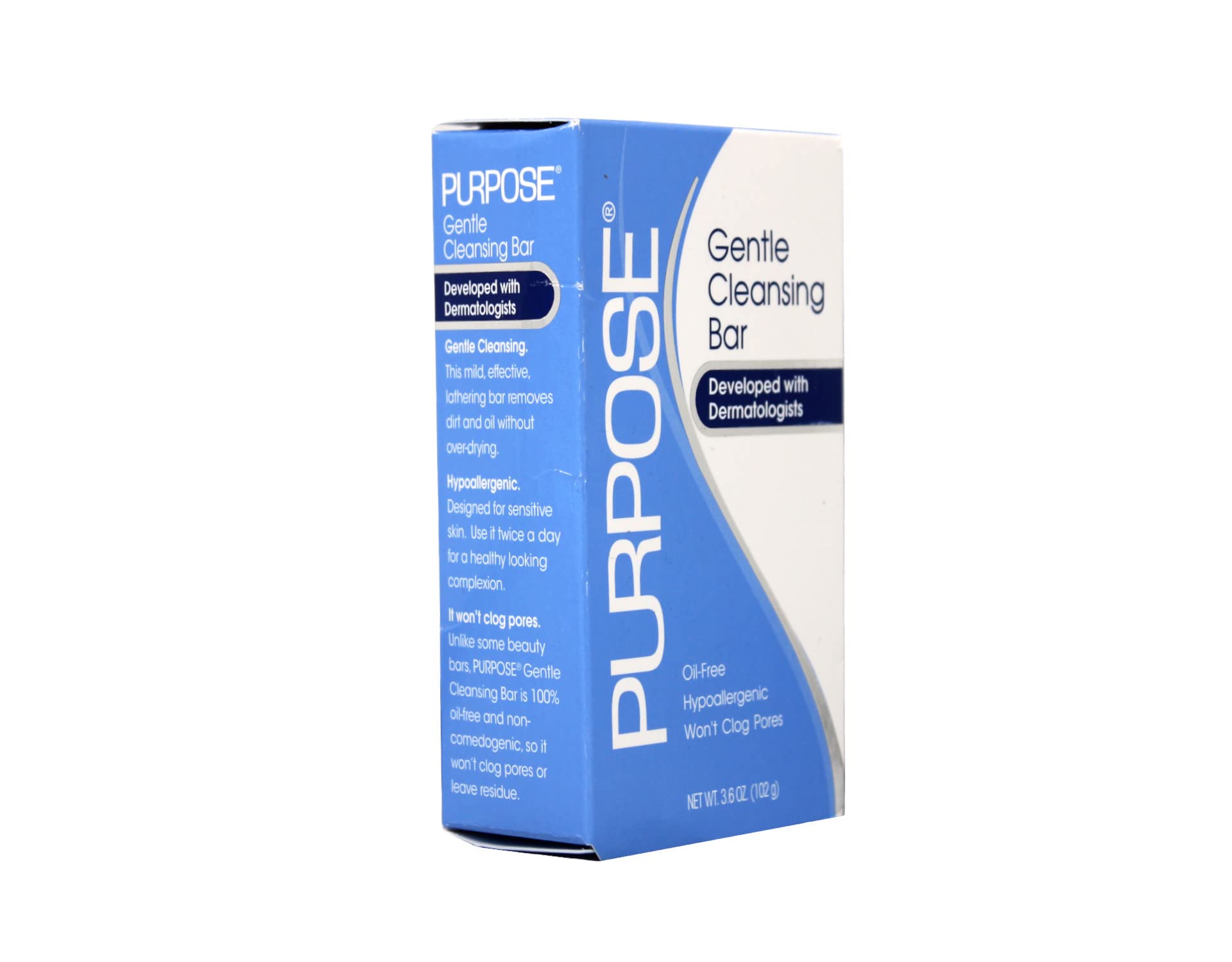 Purpose cleansing bar ingredient label view showing hypoallergenic features