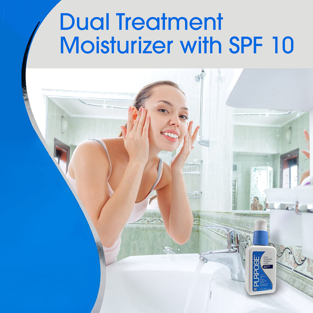 Purpose lotion dispensed on hand illustrating oil-free hydration benefit