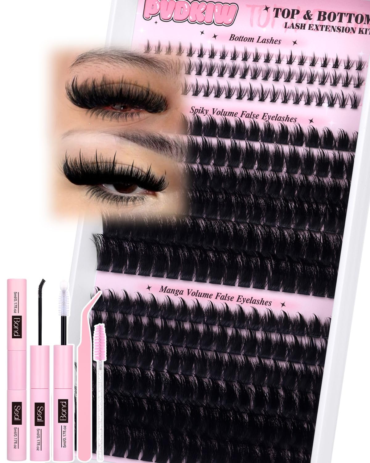 PVDKIW front packaging showing complete fluffy lash clusters kit benefit of all-in-one tools