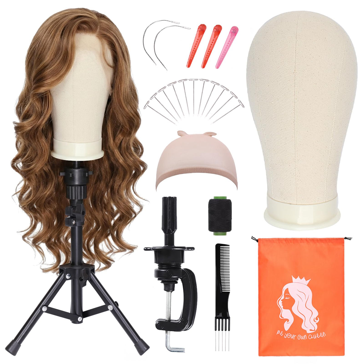 PWEOUKE canvas wig head front view showing stable pin-holding surface and fit