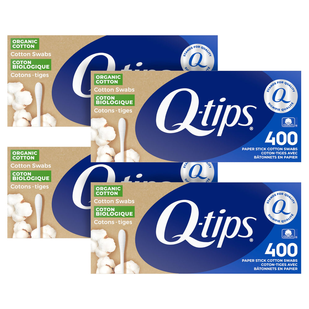 Q-tips front packaging showing 4-pack and quantity, brand visible for convenience