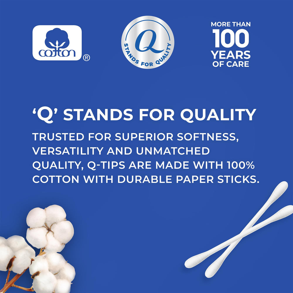 Hand holding Q-tips case to show scale and portable convenience benefit