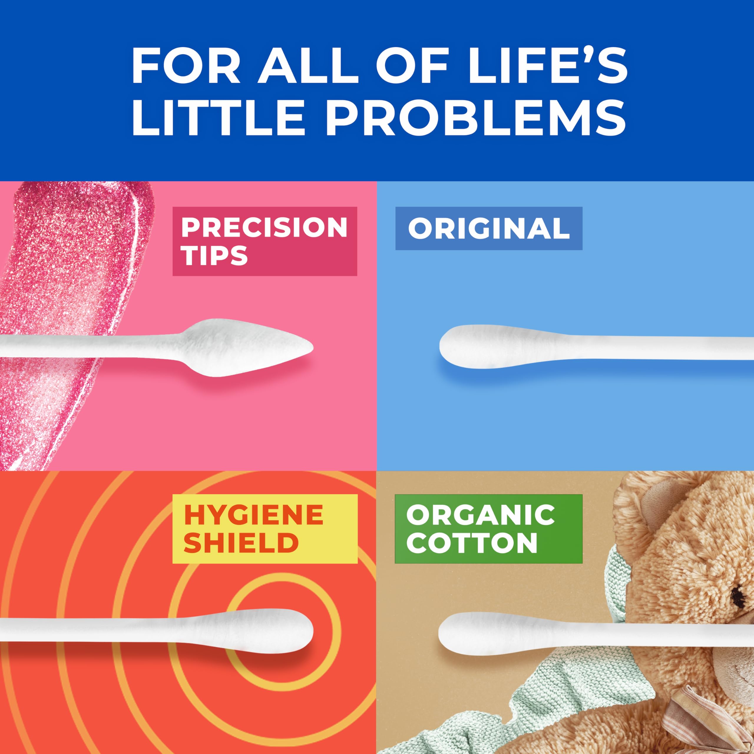 Q-tips pack of four displayed in bathroom setting, brand providing bulk value
