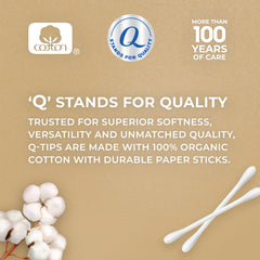 Q-tips paper stick detail showing shaft texture, brand ensuring flexible support