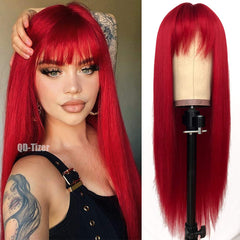 QD-Tizer front view showing smooth red long wig, highlights natural look