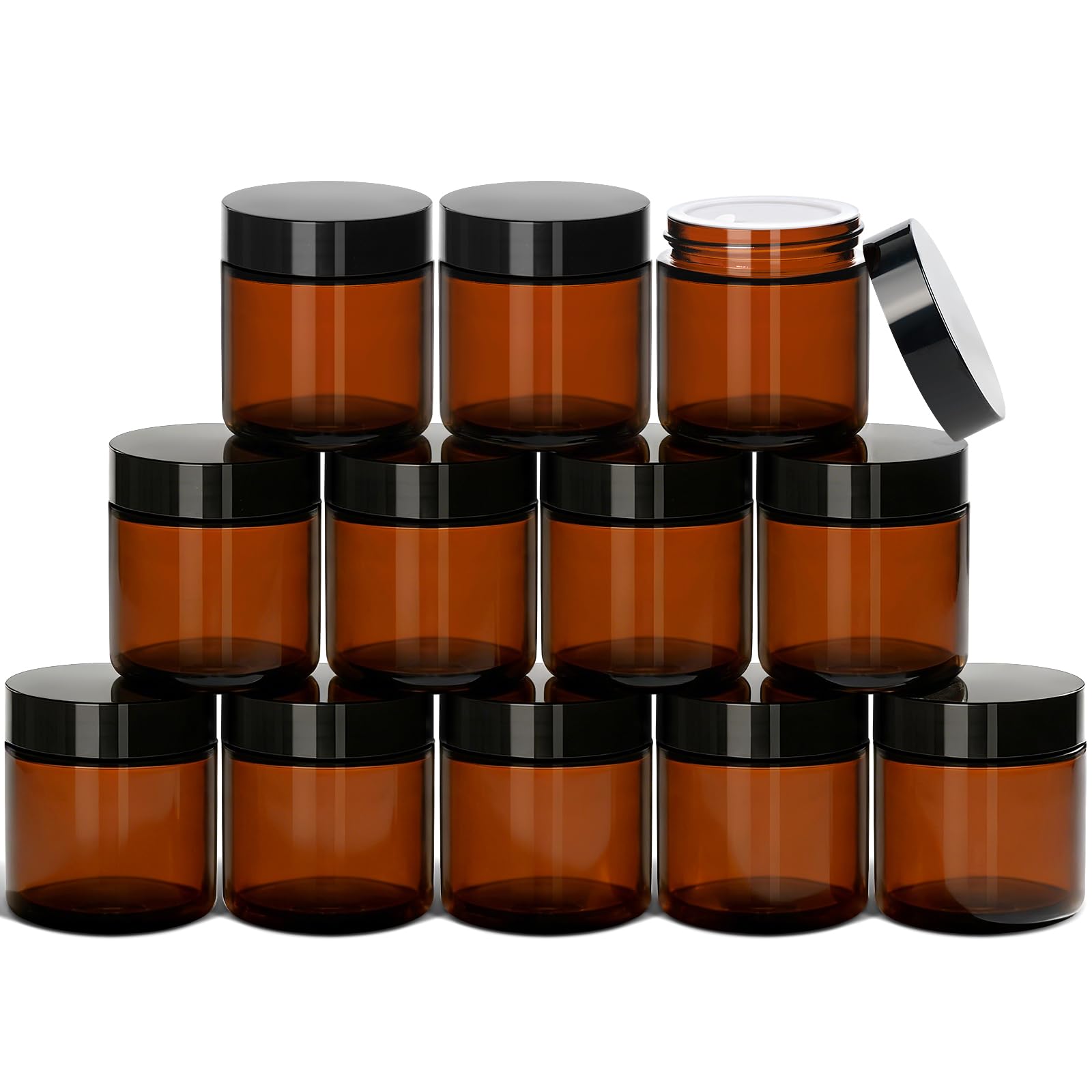 Qeirudu amber glass jars front packaging showing complete 12-pack and accessories