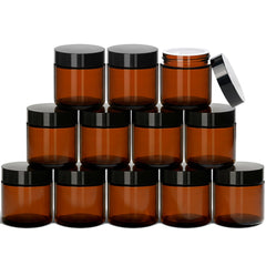 Qeirudu amber glass jars front packaging showing complete 12-pack and accessories